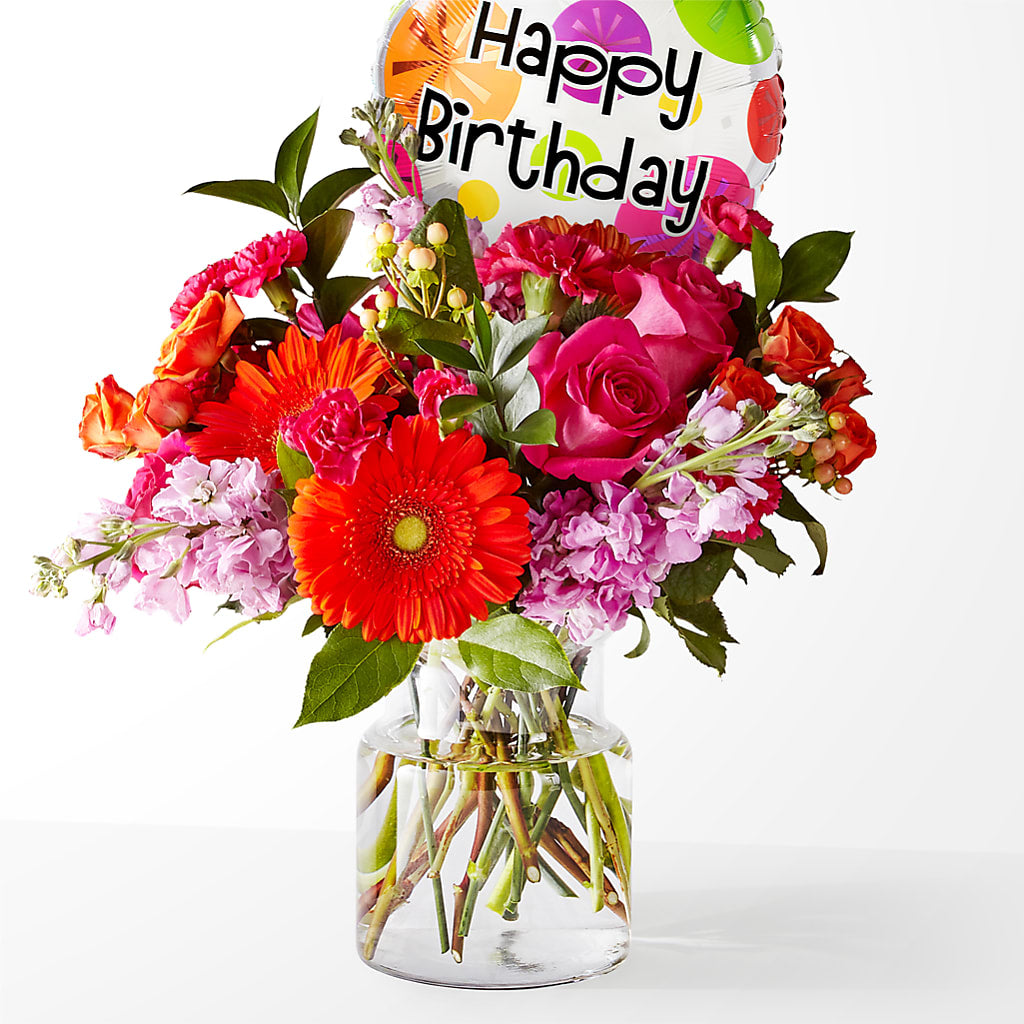 Fiesta Bouquet with Birthday Balloon – Flowers By Willie, Marshall TX