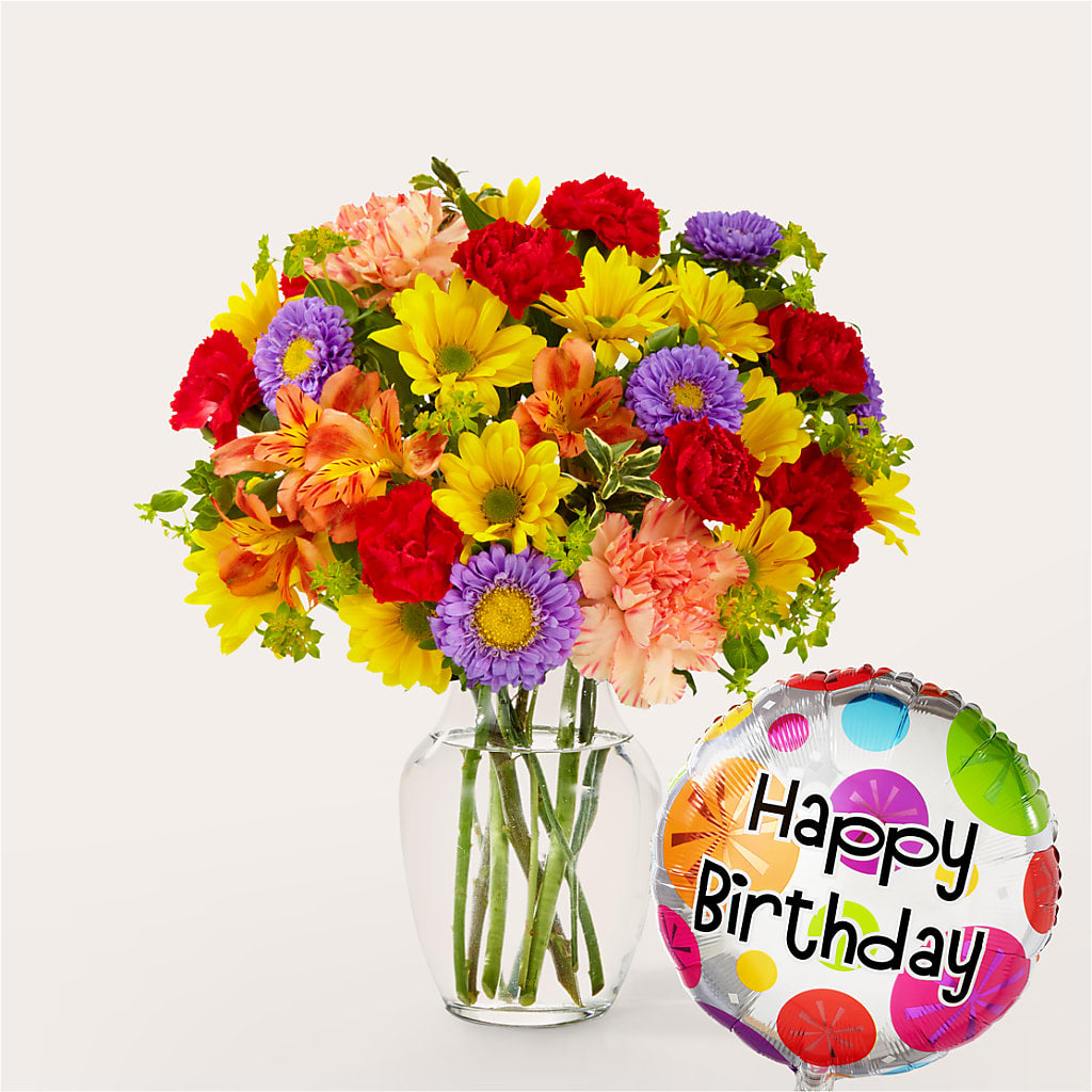 Kaleidoscope Bouquet with Birthday Balloon – Flowers By Willie, Marshall TX