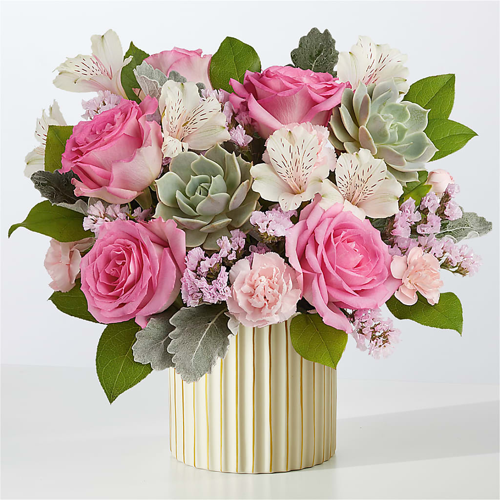 Dusty Rose Bouquet with Ivory Vase – Flowers By Willie, Marshall TX
