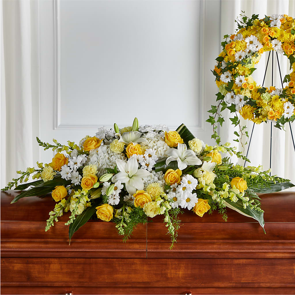 Golden Harmony Casket Spray – Flowers By Willie, Marshall TX