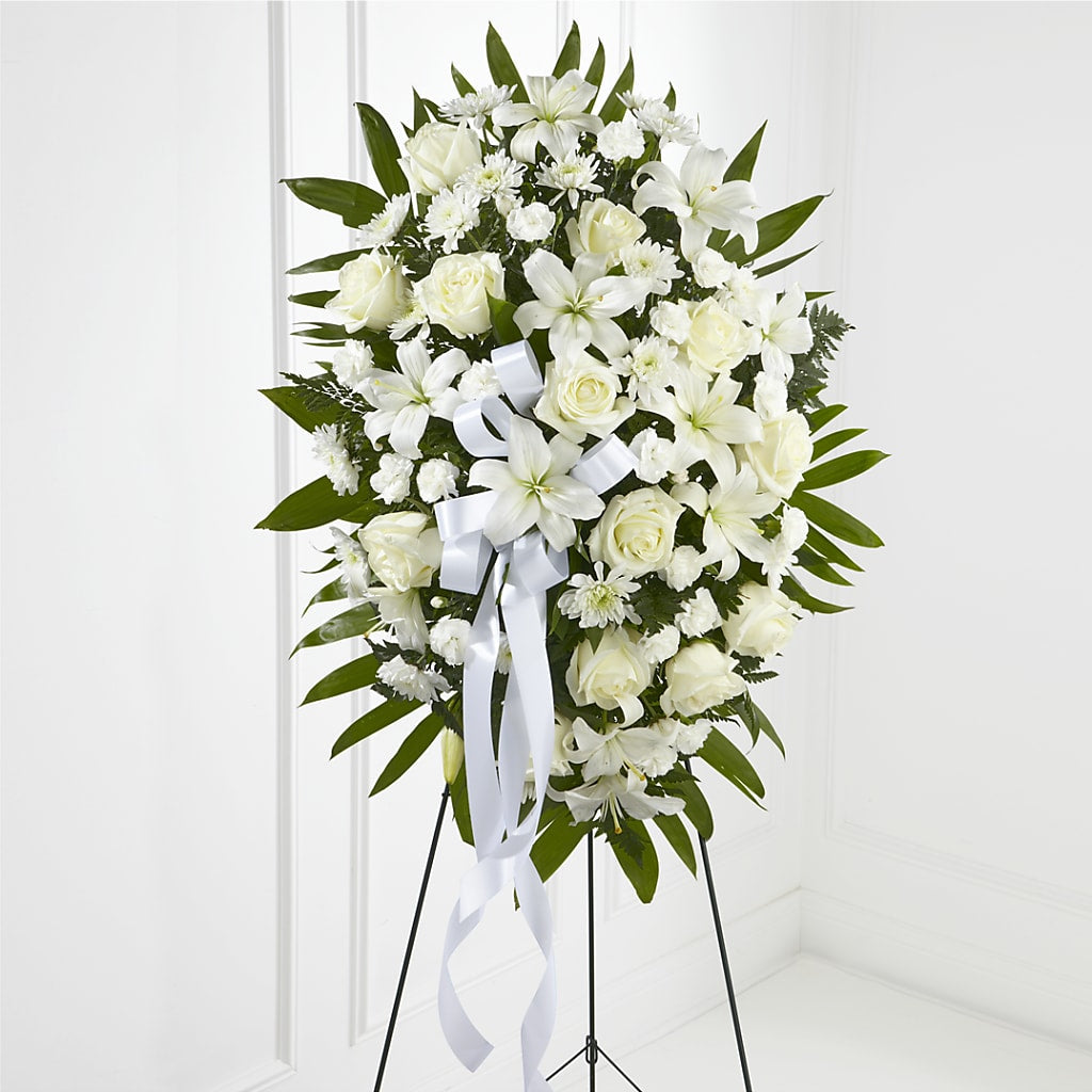 Exquisite Tribute Standing Spray-White Ribbon – Flowers By Willie, Marshall TX